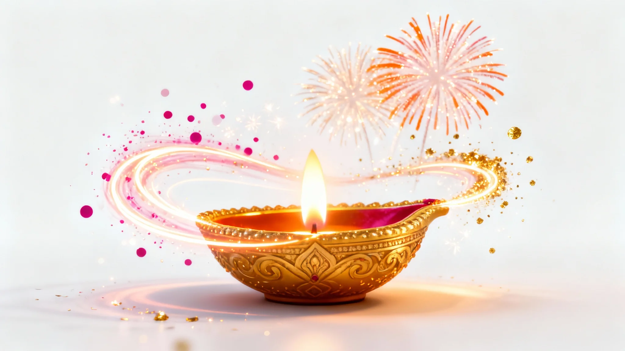 A vibrant digital motion graphic celebrating Diwali, featuring a central glowing diya lamp surrounded by swirling, colorful light trails and graphic fireworks, isolated on a white background.