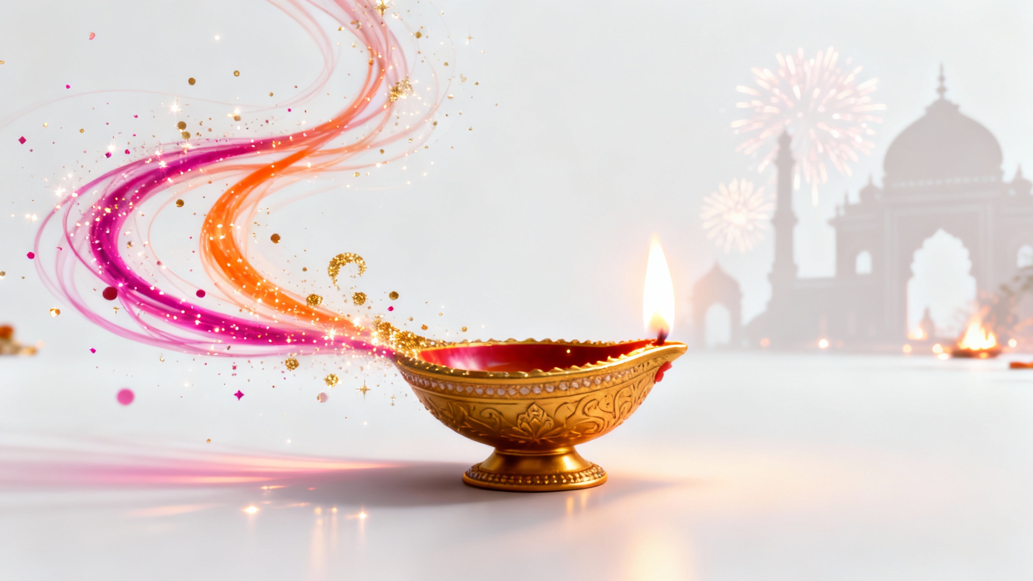 A still frame from a modern Diwali motion graphic, showing a glowing golden diya lamp surrounded by vibrant, swirling light trails and sparkles against a white background.