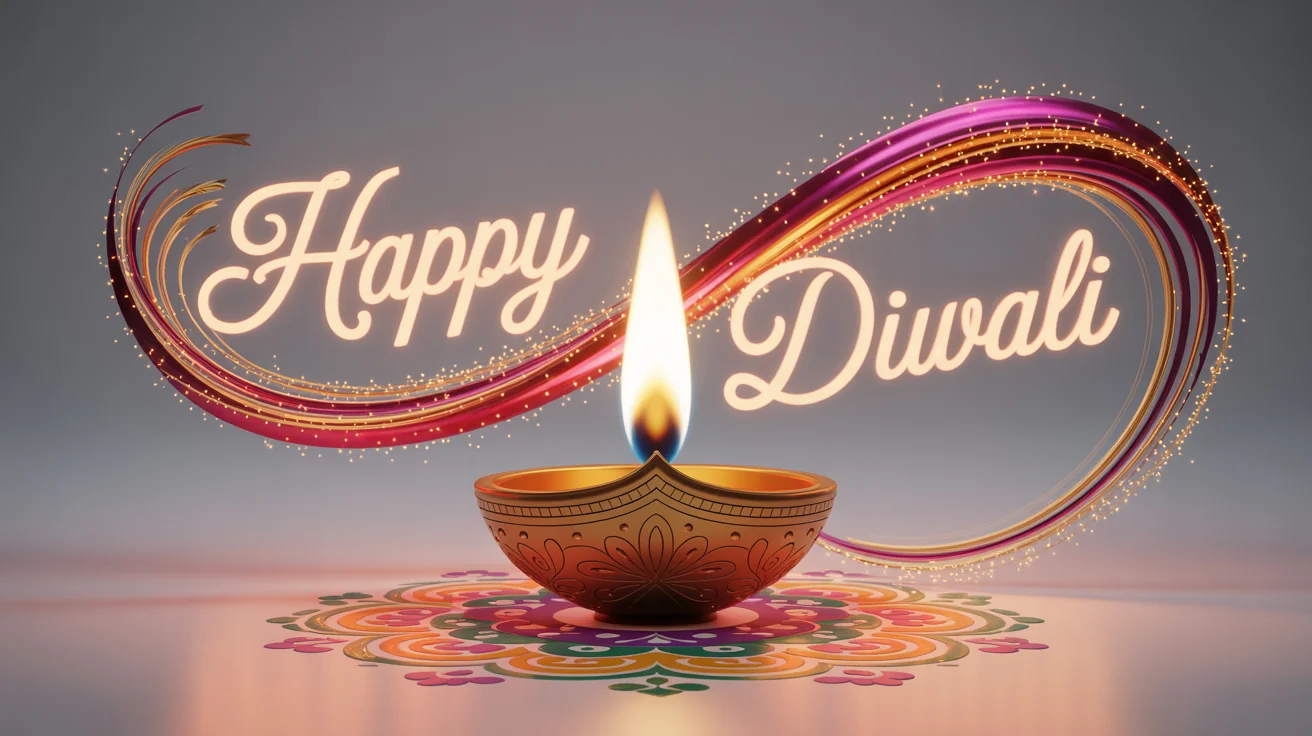 A modern 3D motion graphic for Diwali, featuring a glowing brass oil lamp with swirling trails of golden light and sparkles on a white background. The text 'Happy Diwali' is written in an elegant script.