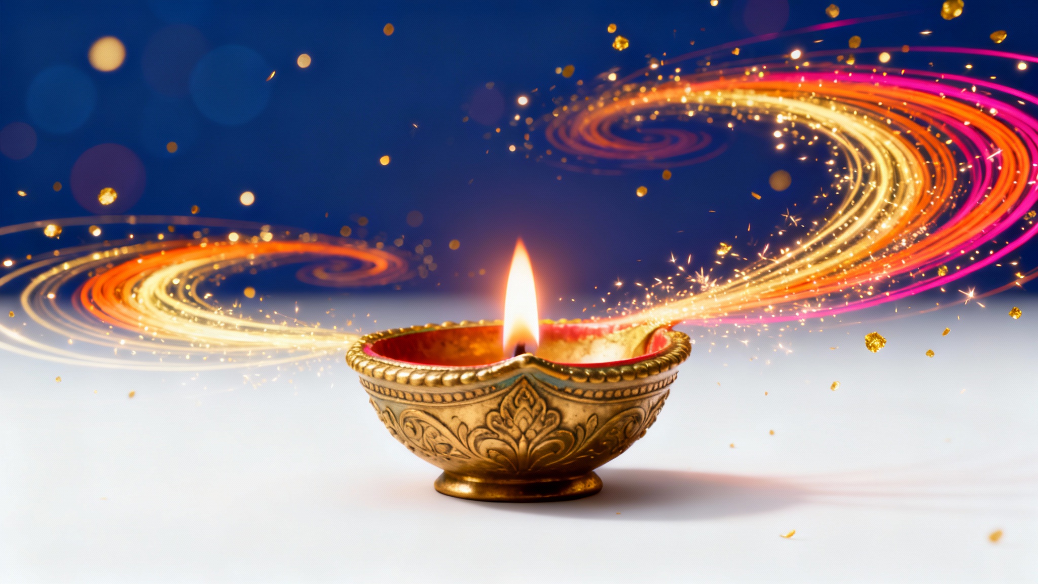 A 3D rendered mockup of a Diwali motion graphic, showing a single glowing oil lamp (diya) with vibrant, swirling golden light trails against a dark blue bokeh background, all presented on a clean white surface.