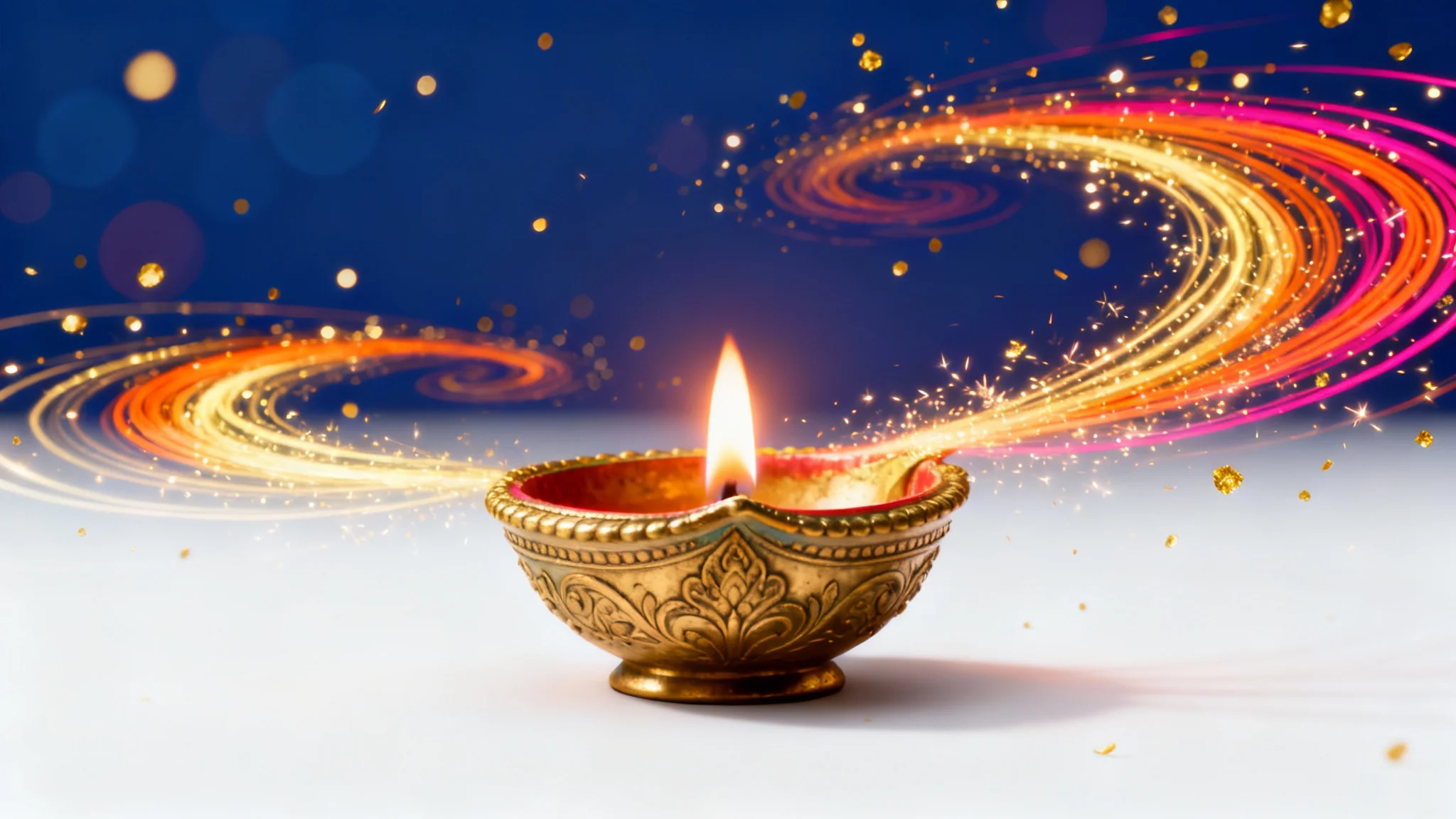 A 3D rendered mockup of a Diwali motion graphic, showing a single glowing oil lamp (diya) with vibrant, swirling golden light trails against a dark blue bokeh background, all presented on a clean white surface.
