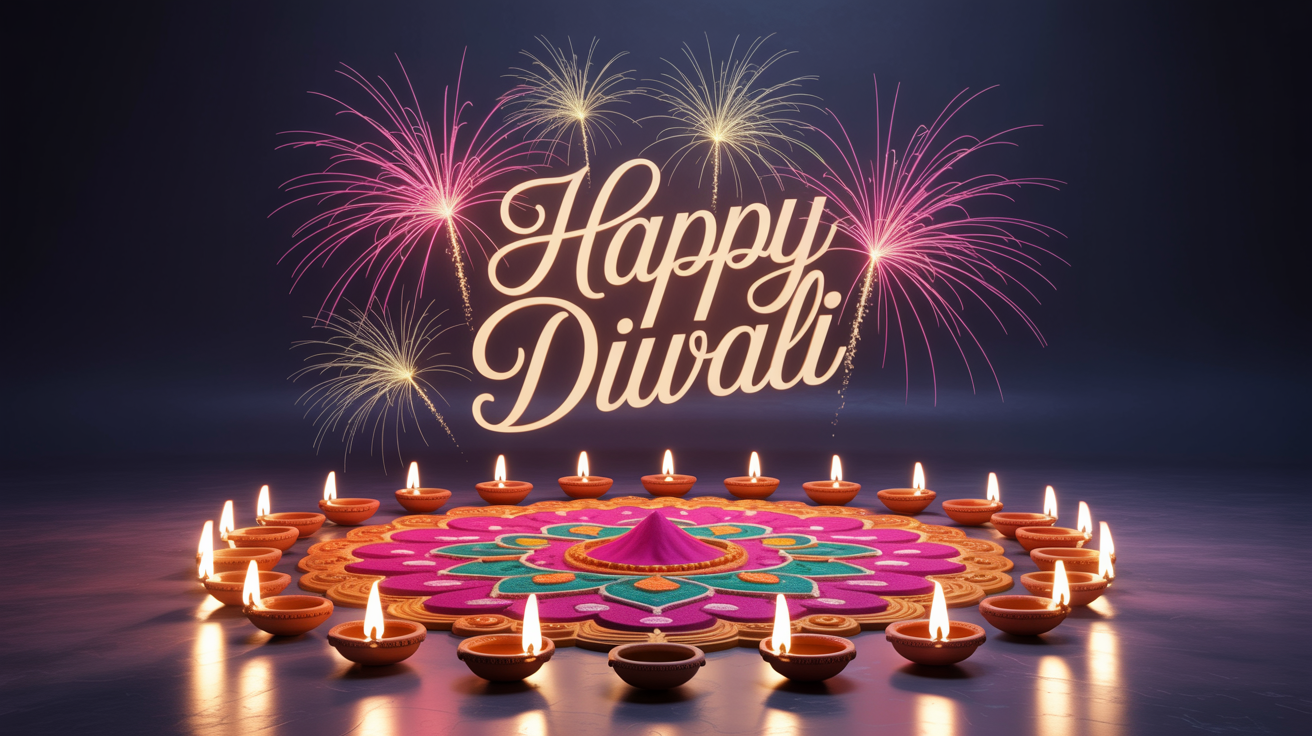 A festive 3D motion graphic for Diwali, showing a glowing rangoli and lit diyas on the floor with colorful fireworks in the background and the text 'Happy Diwali'.