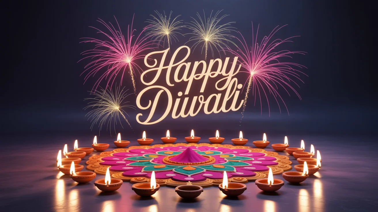 A festive 3D motion graphic for Diwali, showing a glowing rangoli and lit diyas on the floor with colorful fireworks in the background and the text 'Happy Diwali'.
