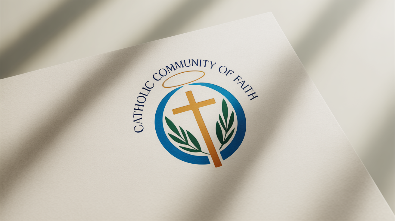 A professional mockup displaying a logo for the 'Catholic Community of Faith' on white stationery. The logo features a gold cross, a blue circle, green olive branches, and a small halo.