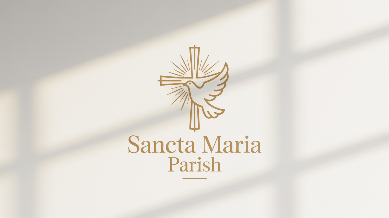 A modern Catholic logo mockup featuring a gold cross integrated with a white dove icon. Below the icon is the text 'SANCTA MARIA PARISH'. The logo is set against a plain white background.