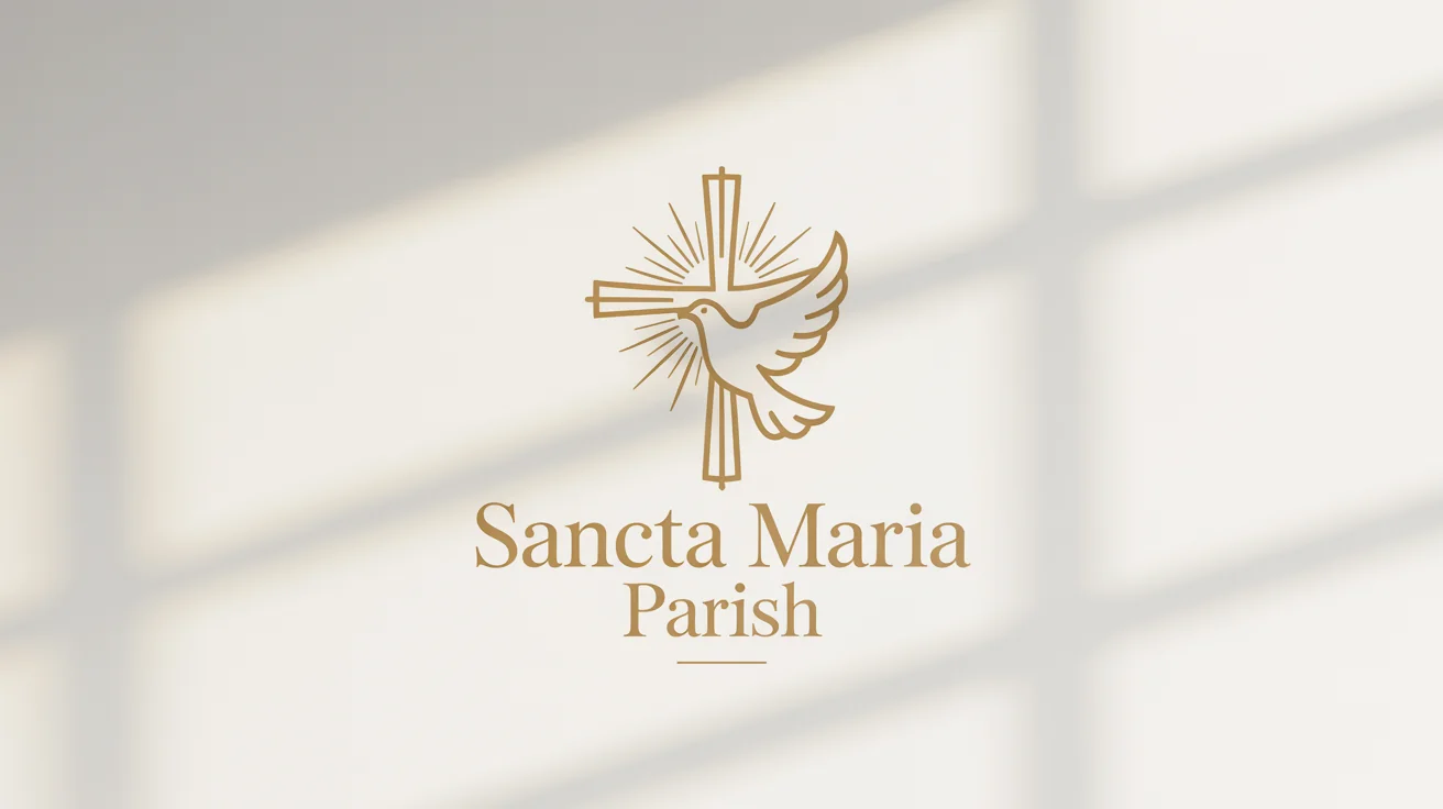 A modern Catholic logo mockup featuring a gold cross integrated with a white dove icon. Below the icon is the text 'SANCTA MARIA PARISH'. The logo is set against a plain white background.