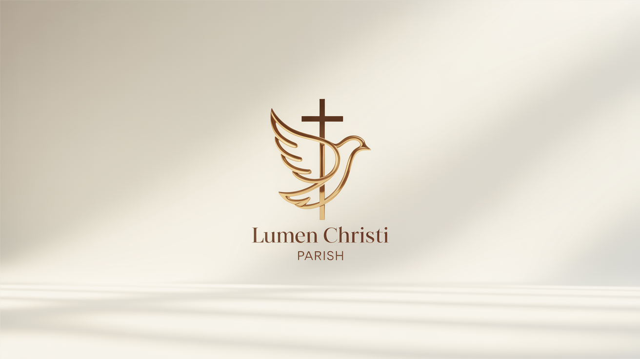 A modern Catholic logo for 'Lumen Christi Parish', featuring a minimalist gold design of a dove forming a cross, presented as a clean mockup on a white background.