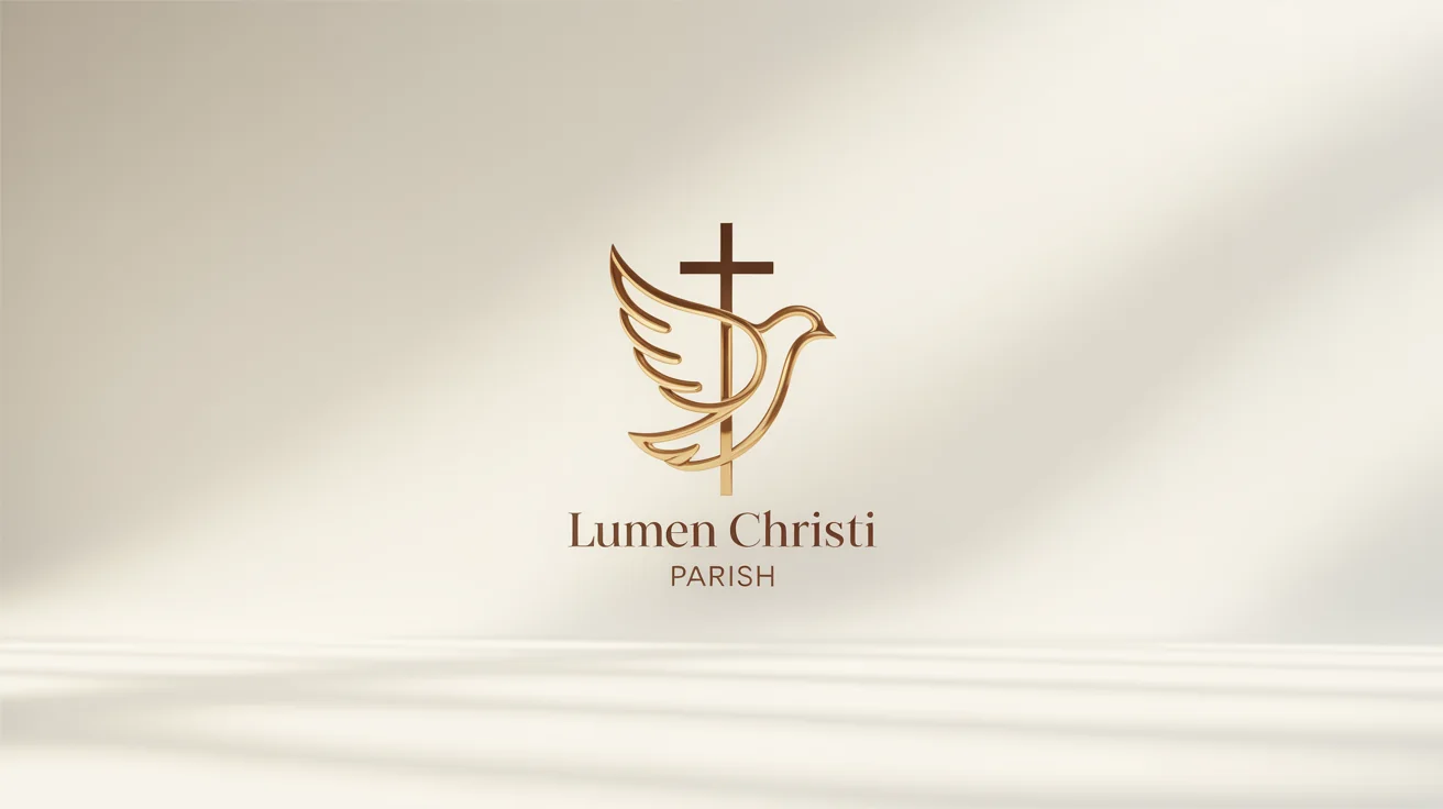 A modern Catholic logo for 'Lumen Christi Parish', featuring a minimalist gold design of a dove forming a cross, presented as a clean mockup on a white background.