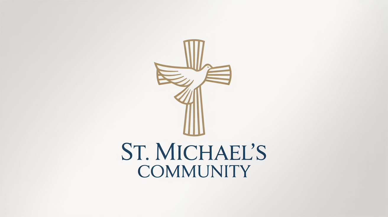 A modern Catholic logo for 'St. Michael's Community', featuring a stylized golden cross and an integrated white dove, set against a plain white background.