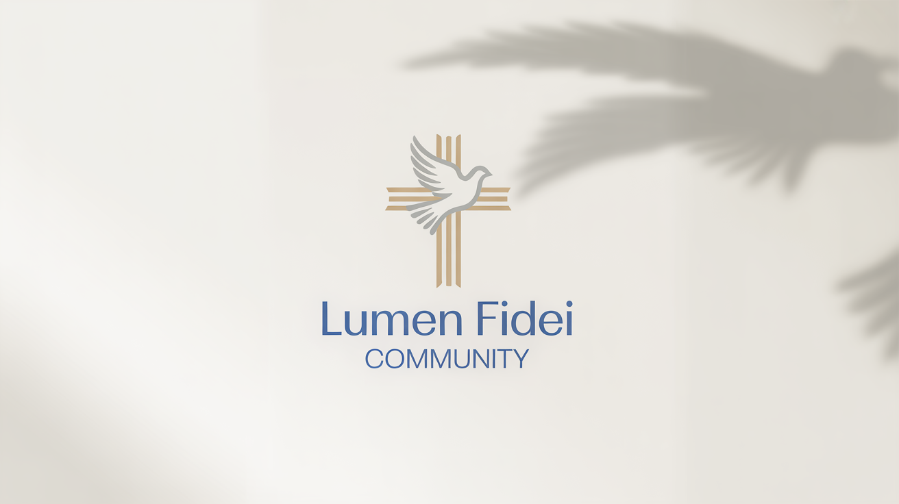 A modern Catholic logo mockup featuring a minimalist gold cross and a white dove, with the text 'Lumen Fidei Community' below it, all set against a plain white background.