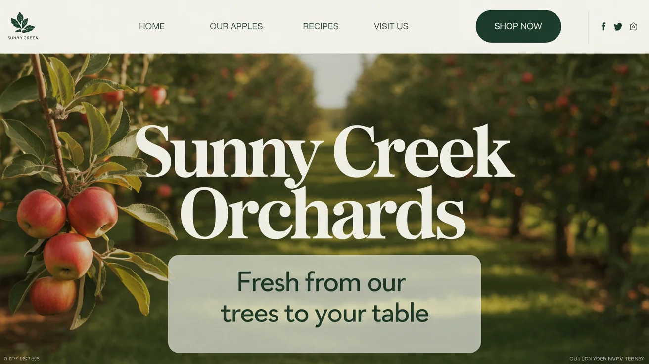A professionally designed website hero image for 'Sunny Creek Orchards', featuring a beautiful photo of an apple orchard in the sun with elegant text overlay.