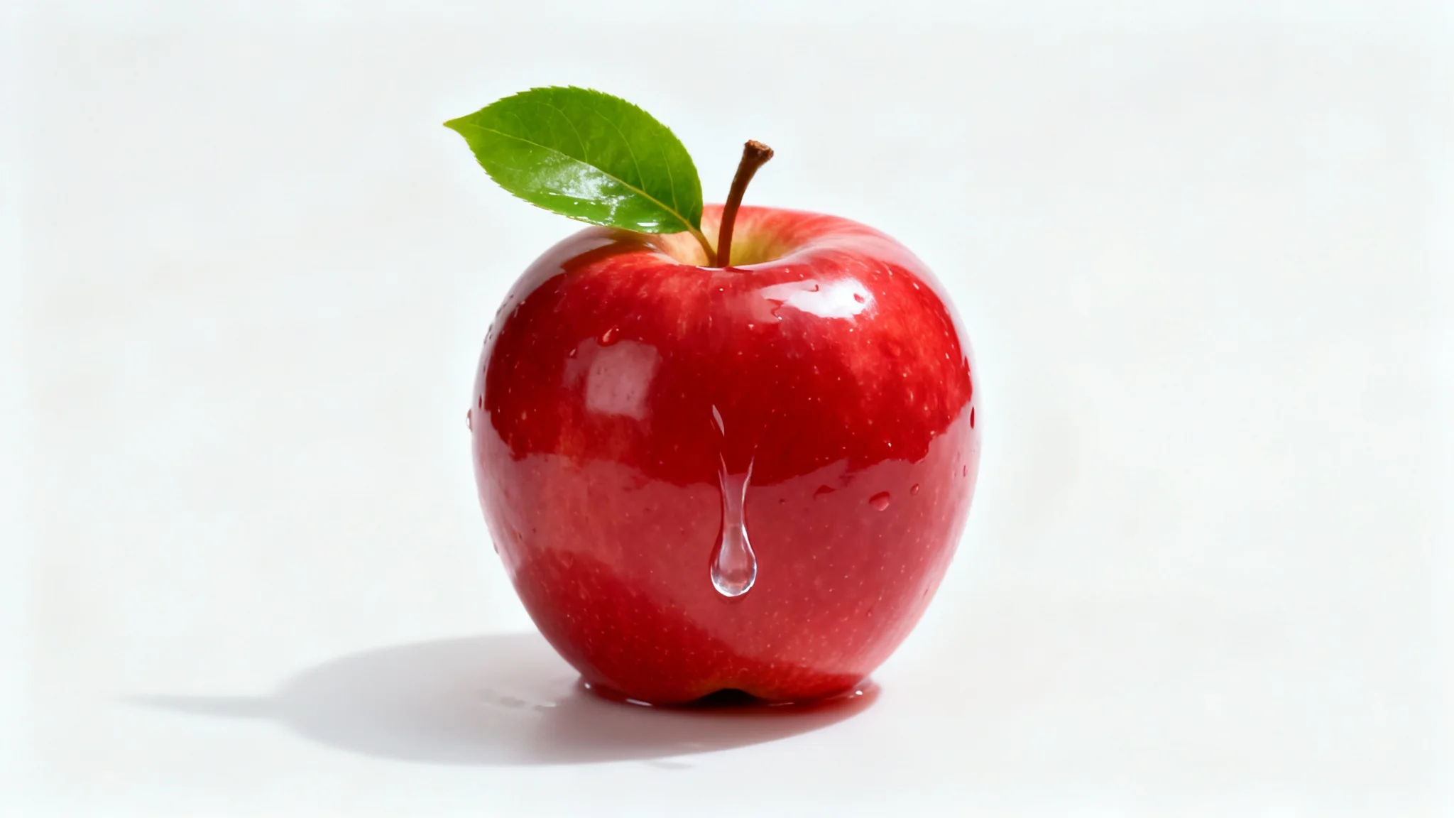 A photorealistic image of a single perfect red apple with a water droplet on its skin, set against a clean white background.
