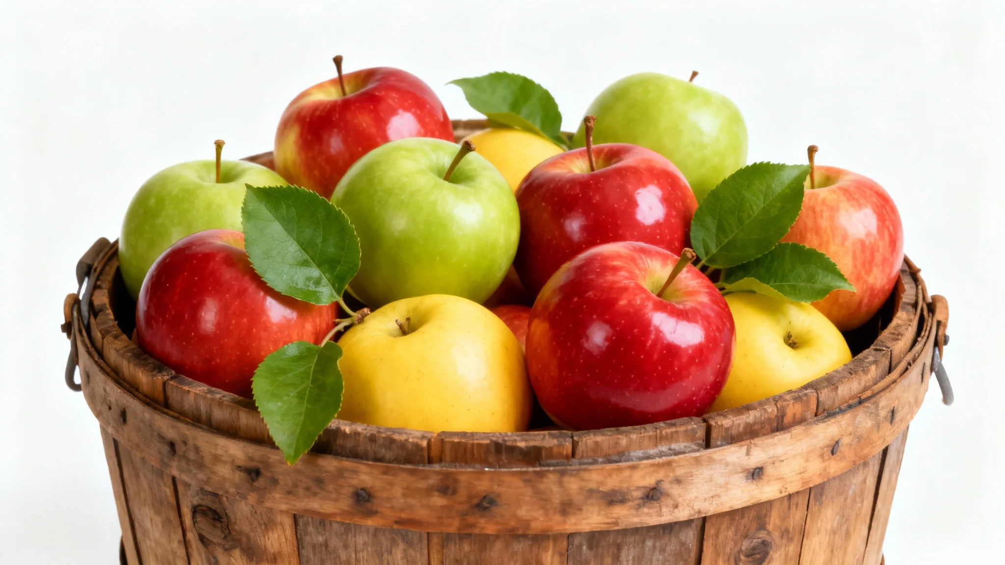 A rustic wooden basket overflowing with fresh, shiny apples of various colors, professionally photographed against a clean white background.