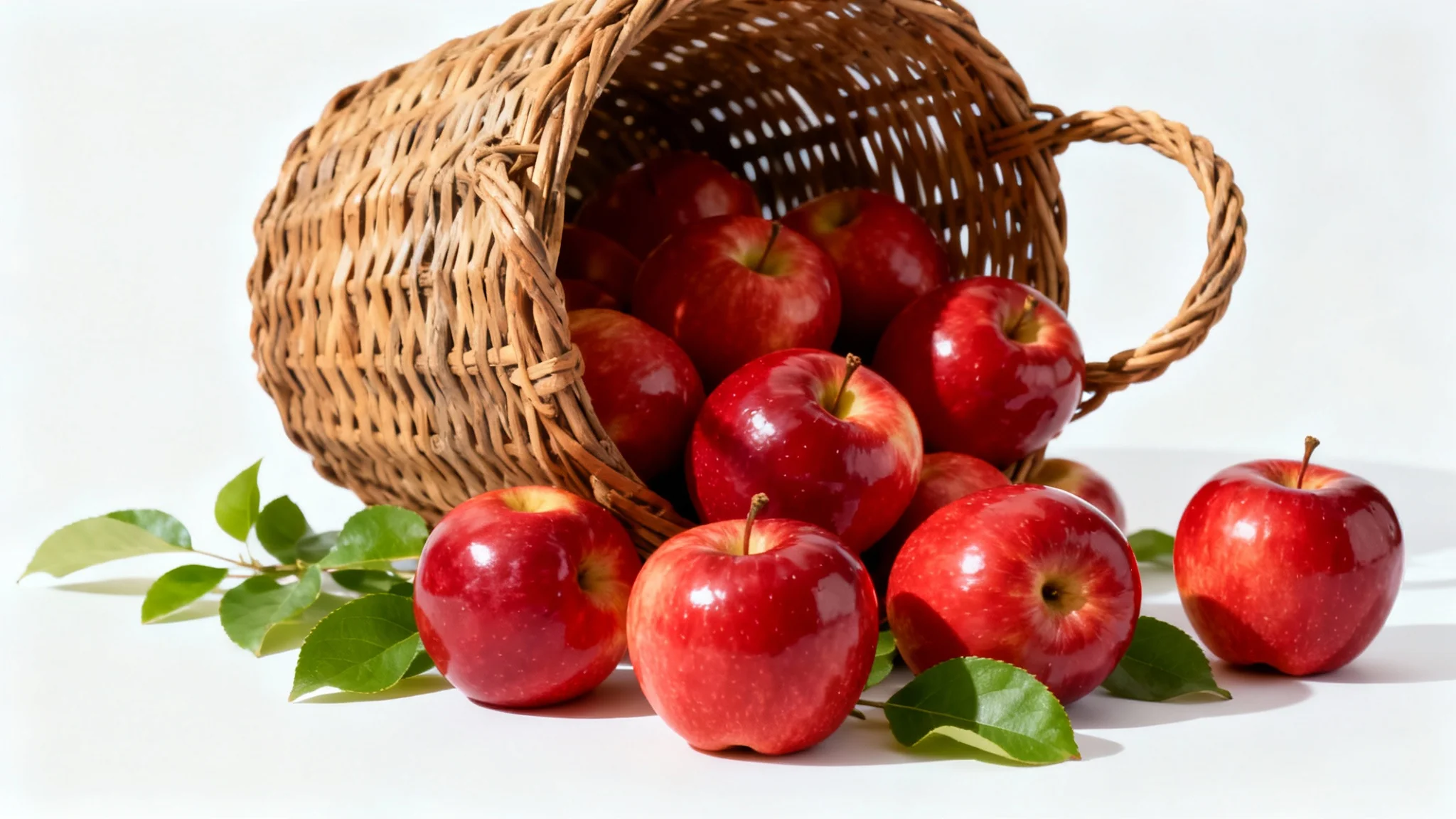 A photorealistic mockup of a rustic wicker basket filled to the brim with shiny, fresh red apples, set against a stark white background.