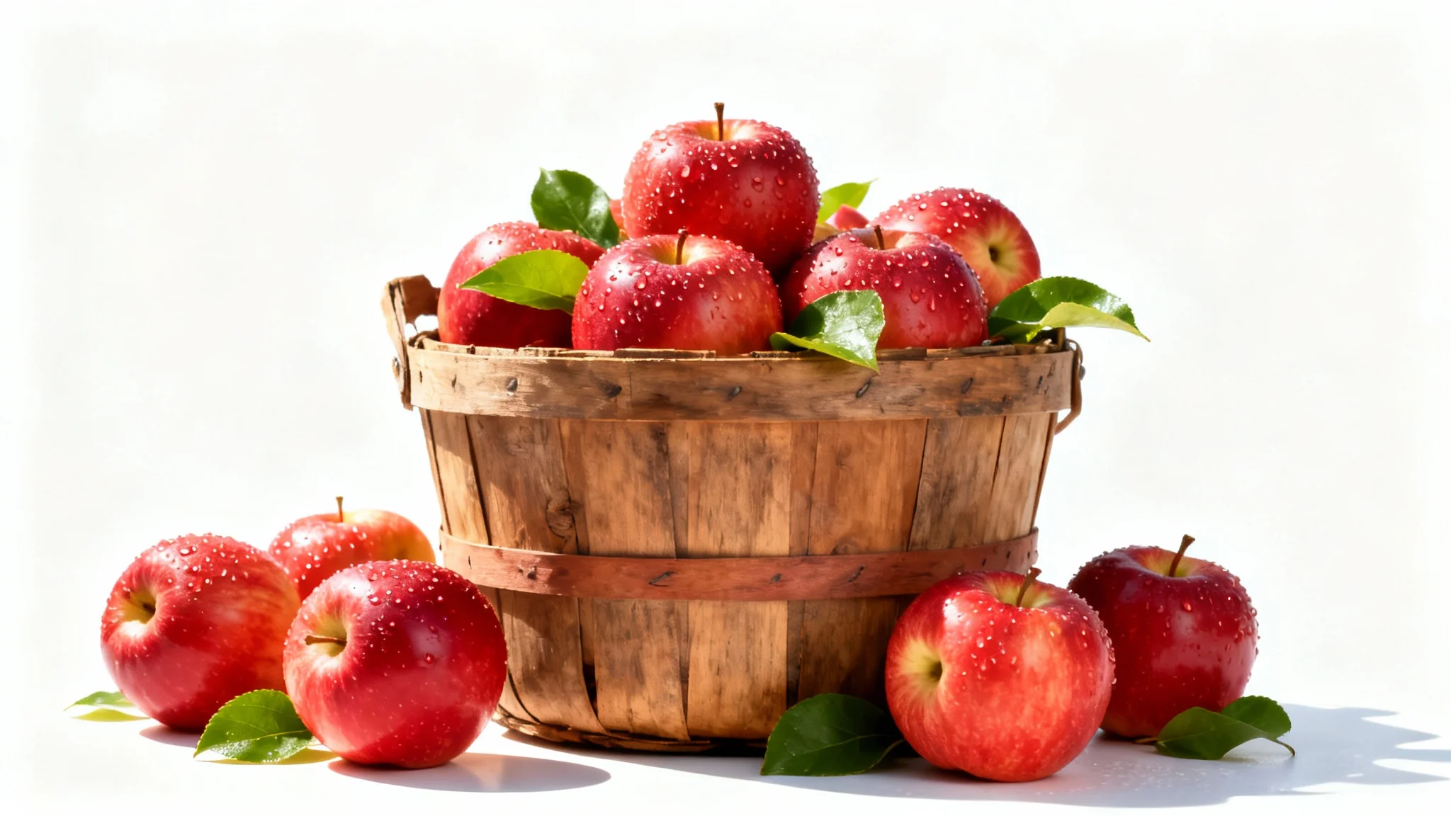 A photorealistic image of a rustic basket full of fresh, dewy red apples, presented against a clean white background.