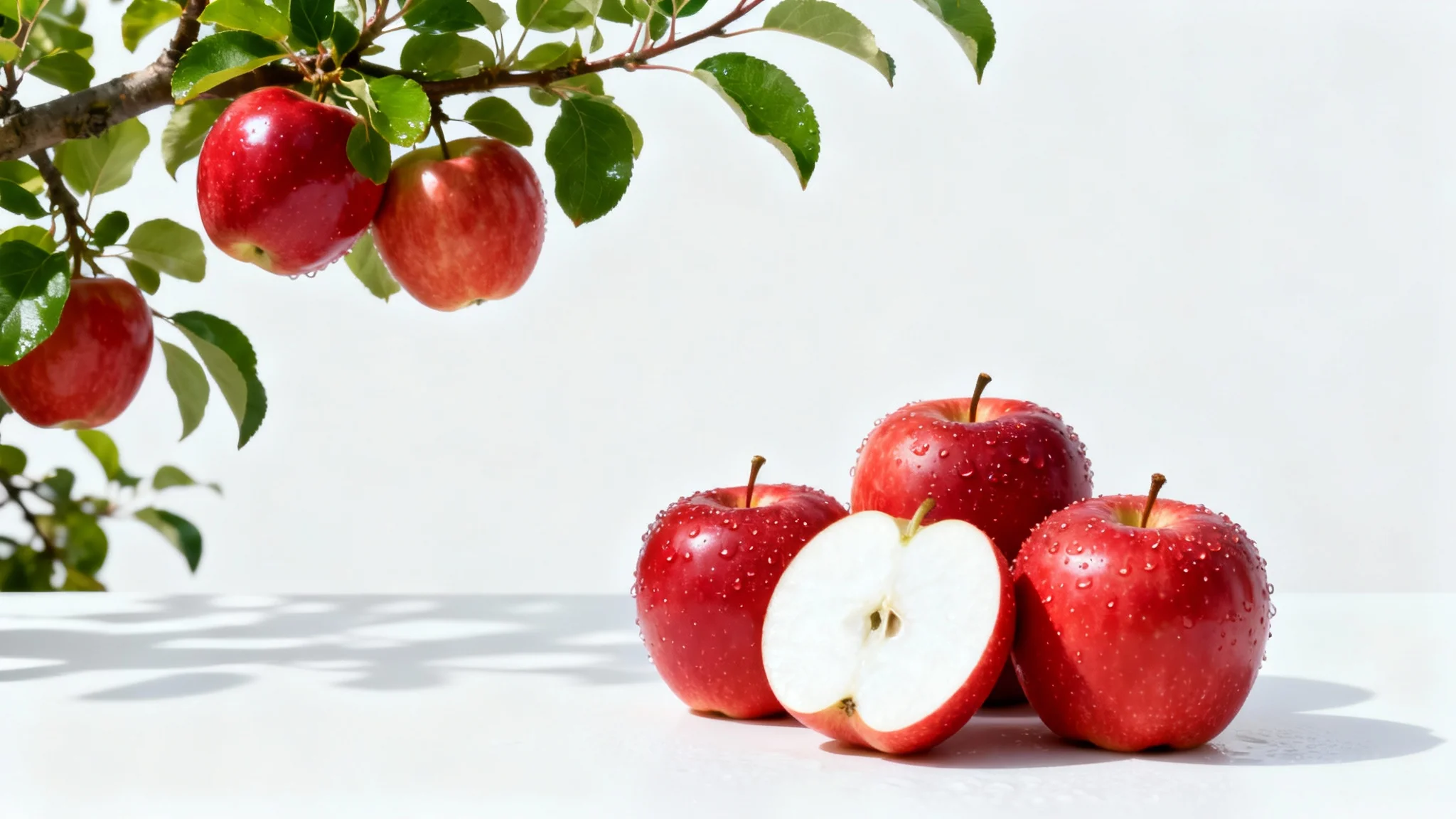 A close-up of apple tree branches laden with ripe red apples, with a few picked apples and one sliced apple in the foreground, all set against a stark white background.