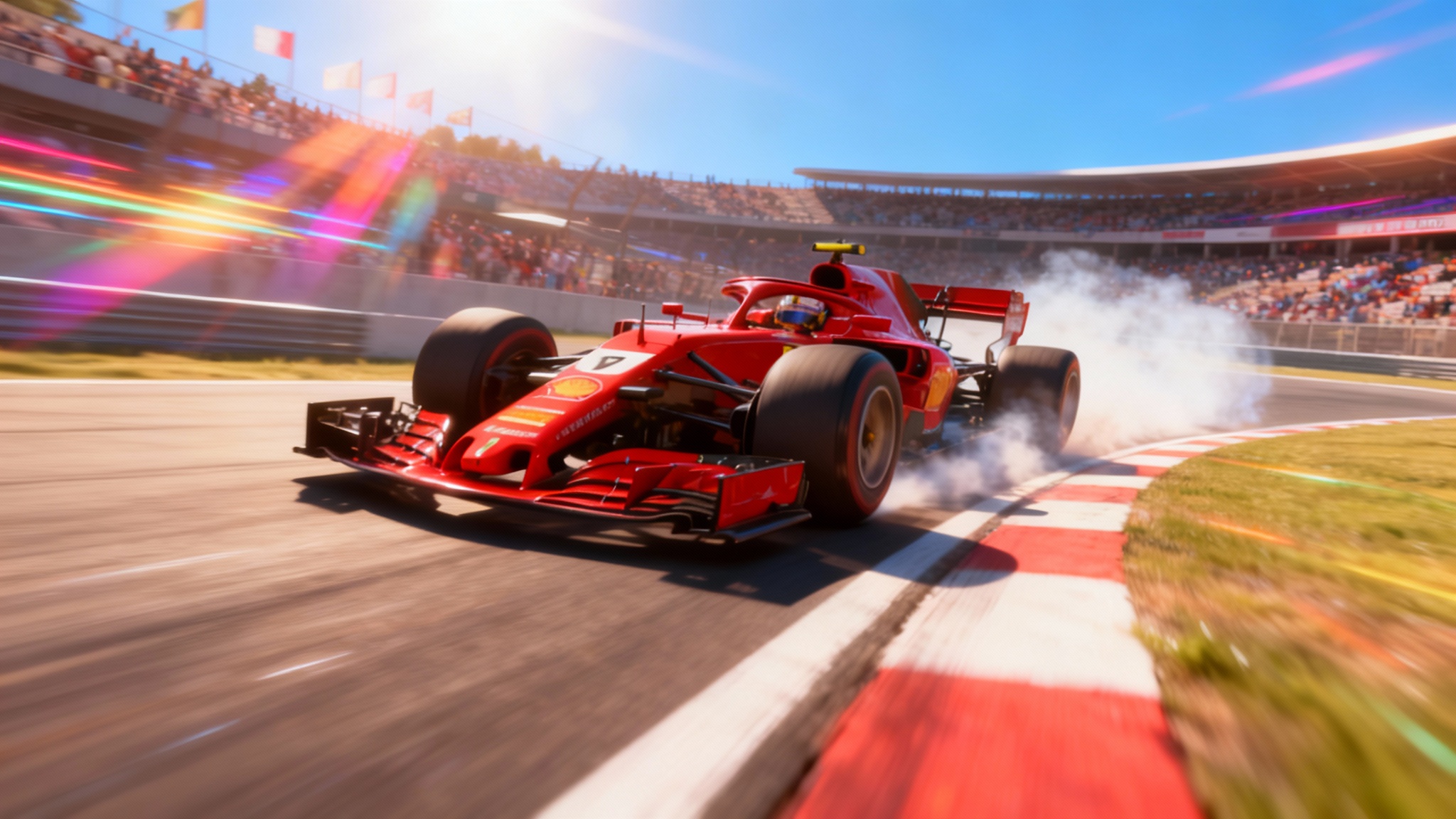 A cinematic still from an animation showing a red racing car drifting around a corner on a sunlit track, with realistic tire smoke and motion-blurred crowds in the background.