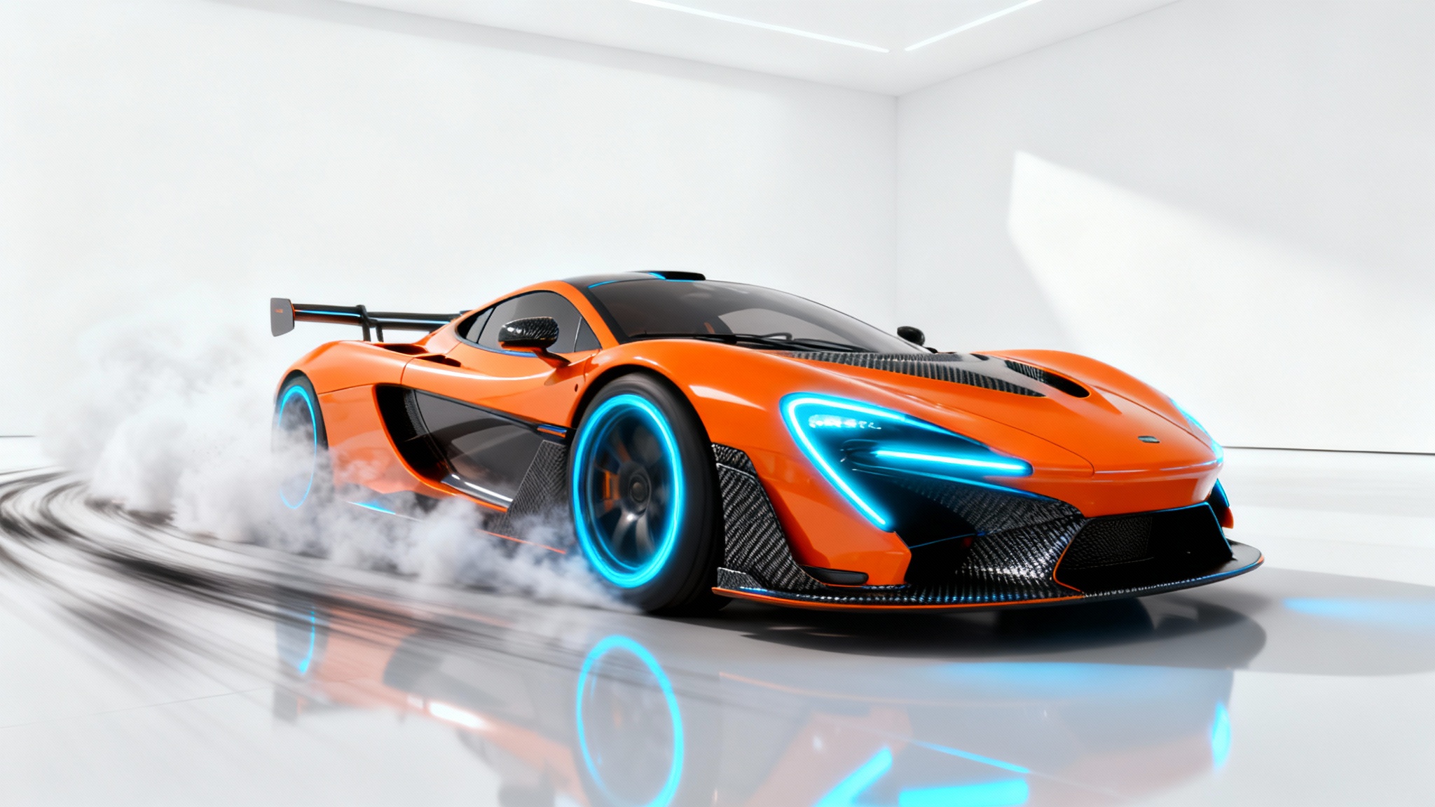 A dynamic 3D animation of a futuristic orange racing car drifting at high speed on a clean white background, with smoke coming from its tires.