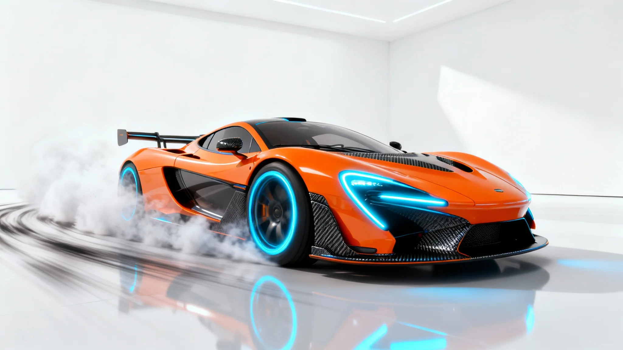 A dynamic 3D animation of a futuristic orange racing car drifting at high speed on a clean white background, with smoke coming from its tires.