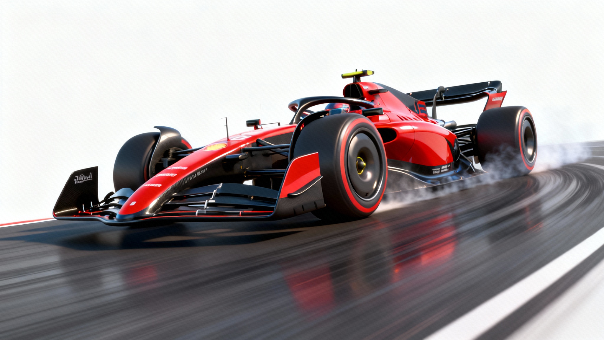 An animated-style racing car, colored red and black, captured in a dynamic action shot as it speeds around a corner, set against a clean white background.
