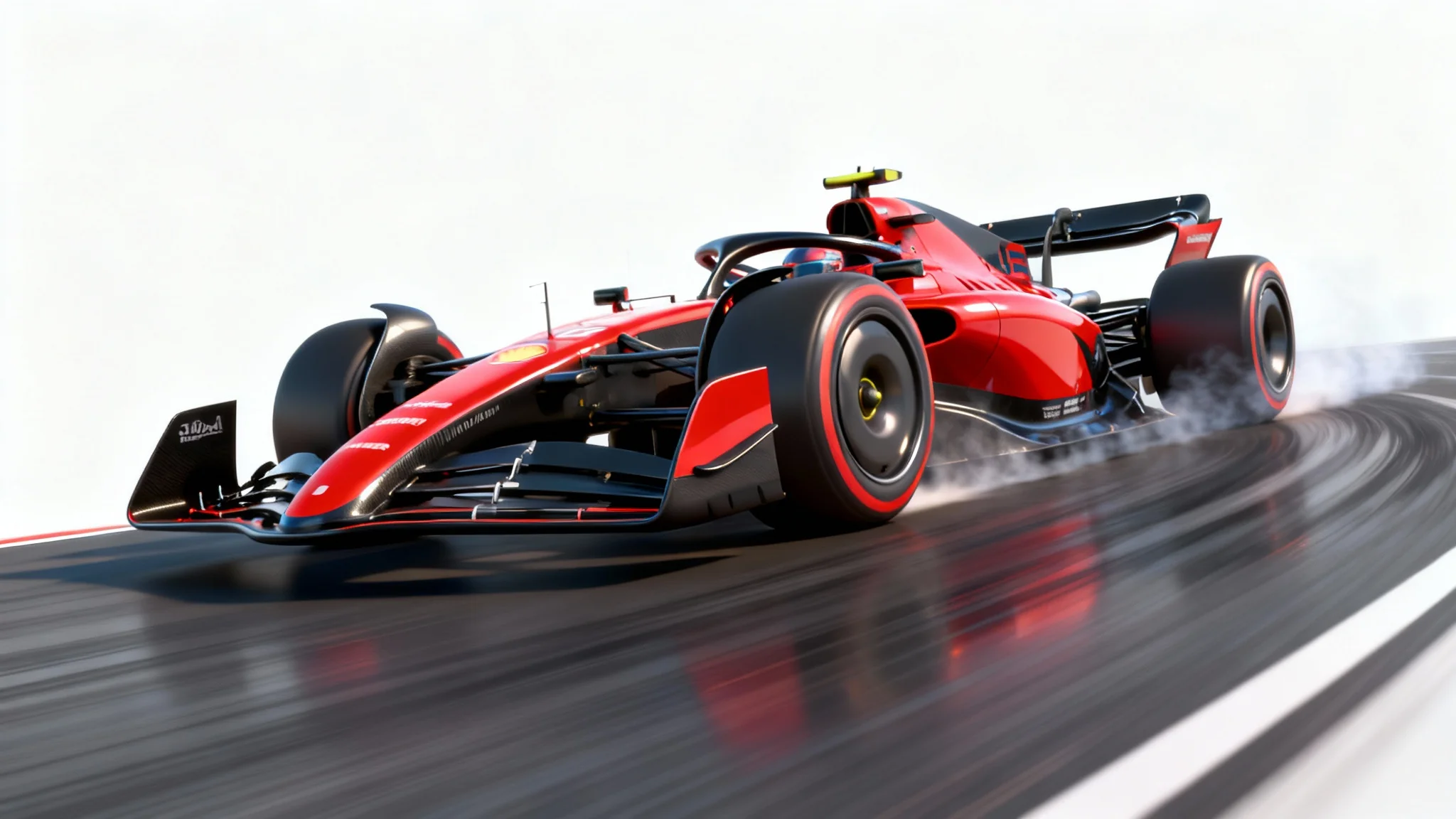An animated-style racing car, colored red and black, captured in a dynamic action shot as it speeds around a corner, set against a clean white background.