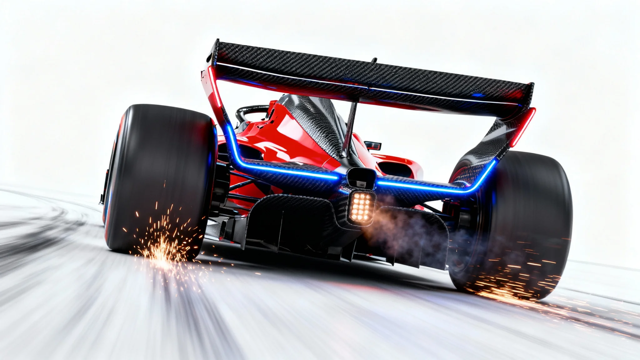 A 3D animated still of a futuristic red and black racing car speeding forward with motion blur and sparks, isolated against a clean white background.