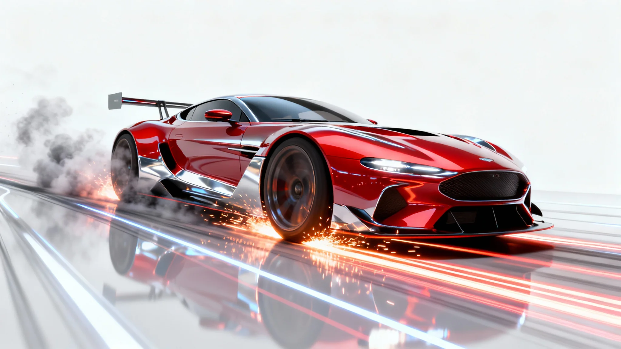 A stylized 3D animated racing car in glossy red and chrome, depicted drifting at high speed with motion blur and sparks, isolated against a plain white background.