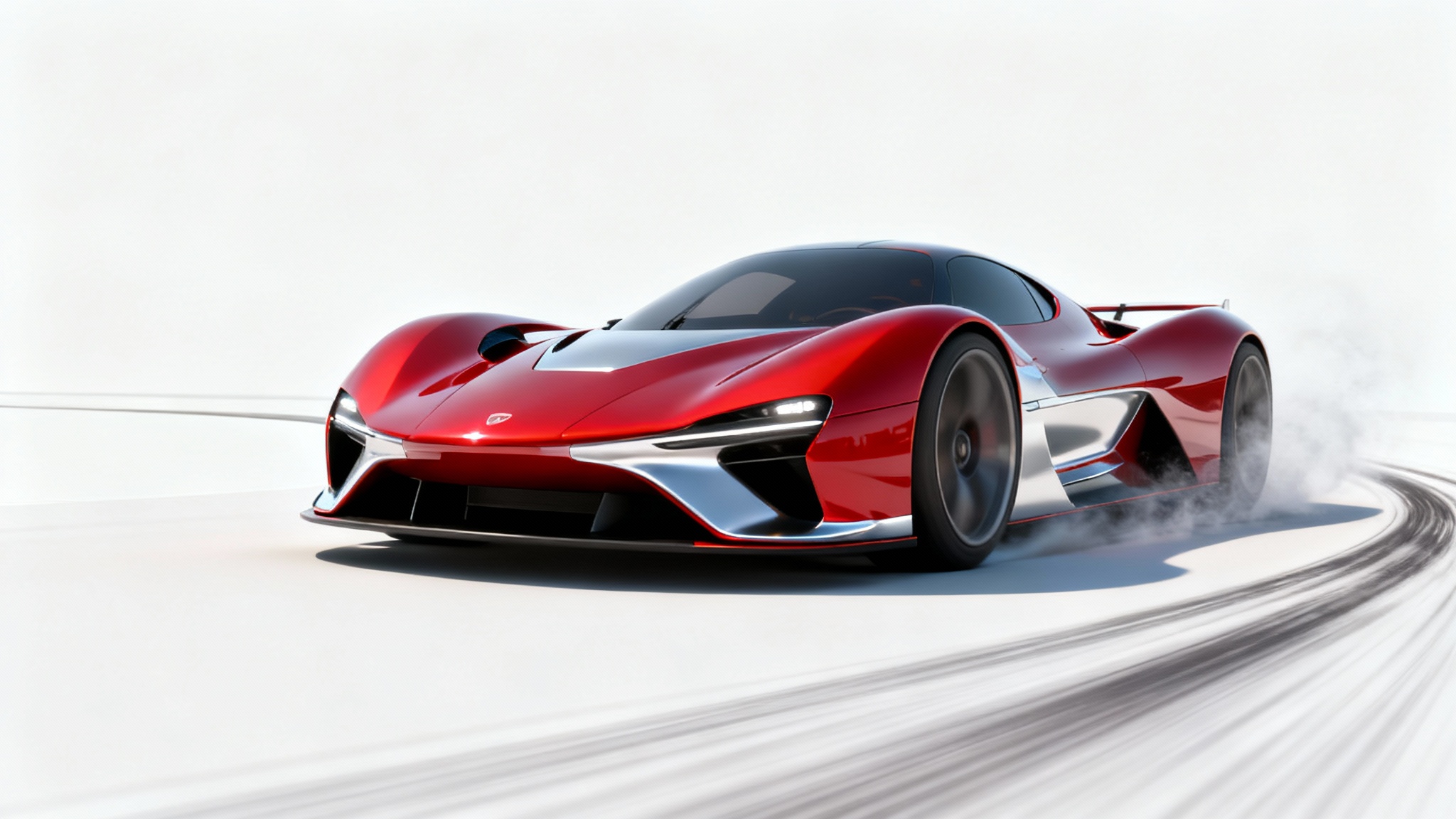 A 3D animated still of a futuristic red racing car drifting at high speed, with motion blur effects, set against a plain white background.