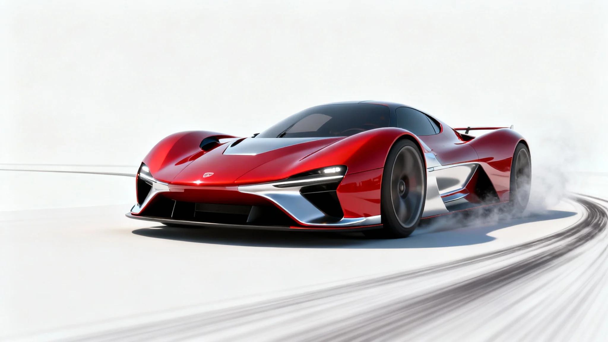 A 3D animated still of a futuristic red racing car drifting at high speed, with motion blur effects, set against a plain white background.