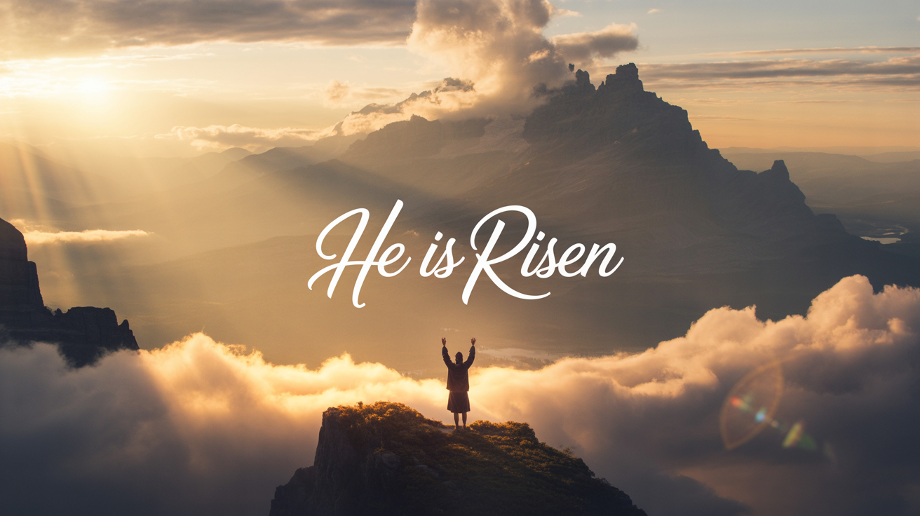 A beautiful praise and worship background with a sunrise over a mountain range, a silhouette of a person worshiping, and the text "He is Risen" at the bottom.