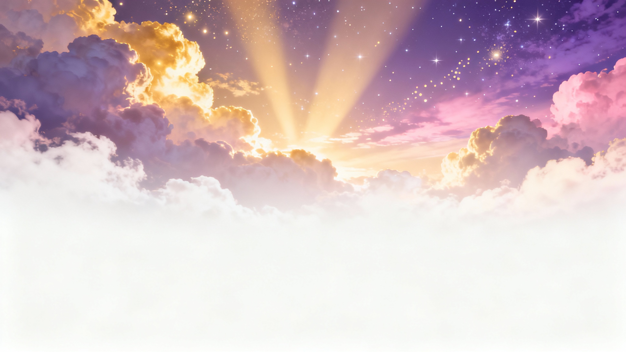 An ethereal sky at twilight with golden light rays breaking through purple and pink clouds, designed as a background for praise and worship.