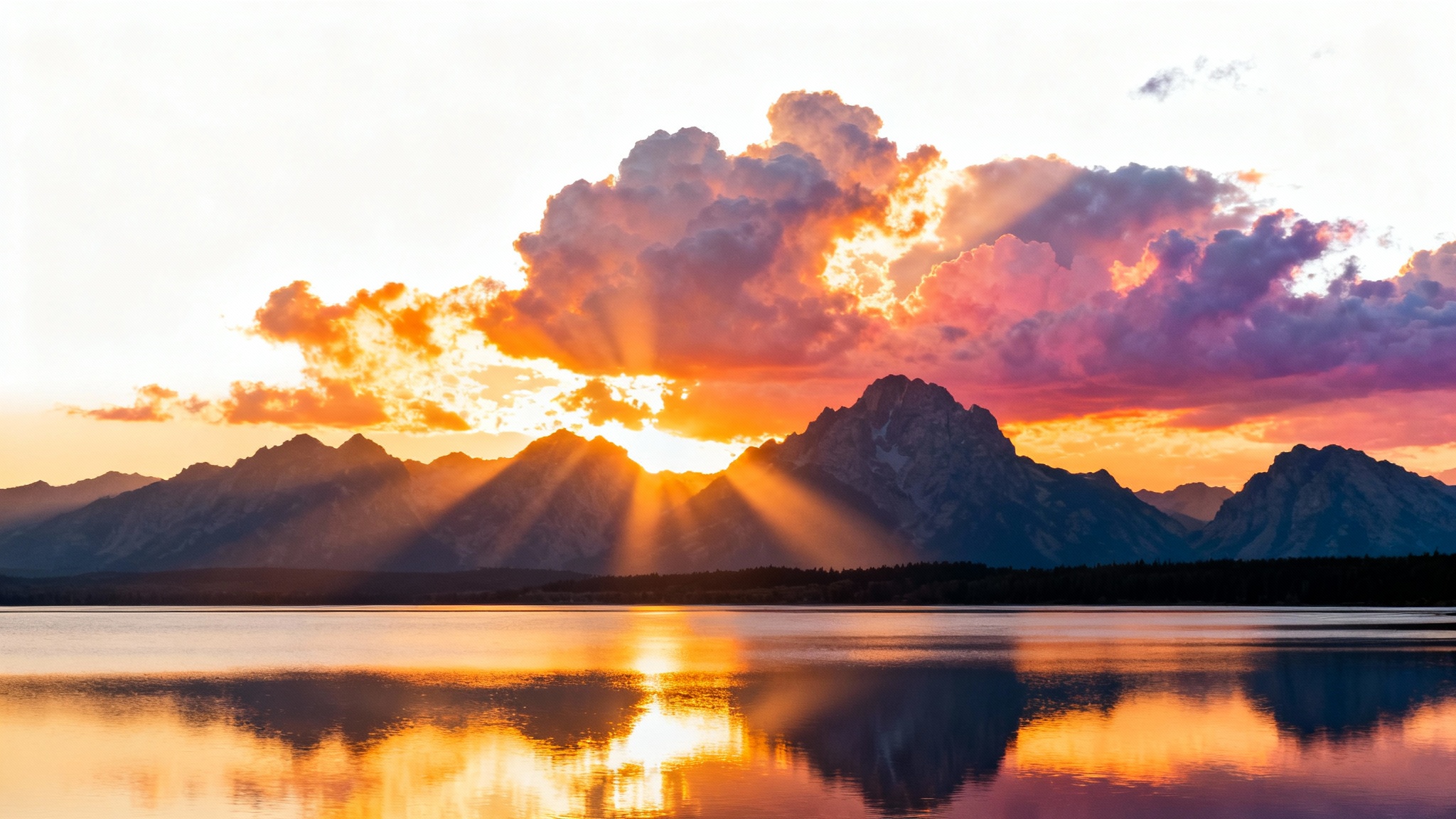A serene and majestic praise and worship background showing a vibrant sunrise over a mountain range, with its reflection cast on a calm lake below.