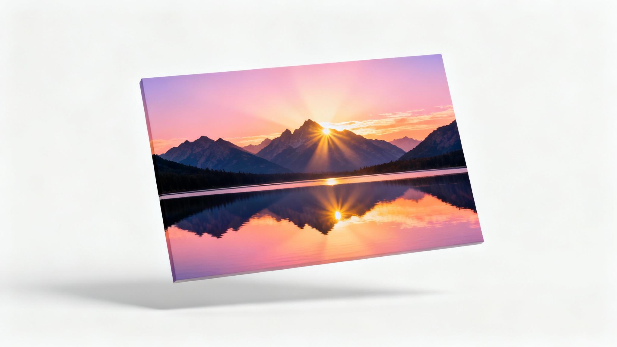 A praise and worship background depicting a majestic sunrise over mountains, with golden sunbeams and a sky of pink and purple reflected in a still lake.