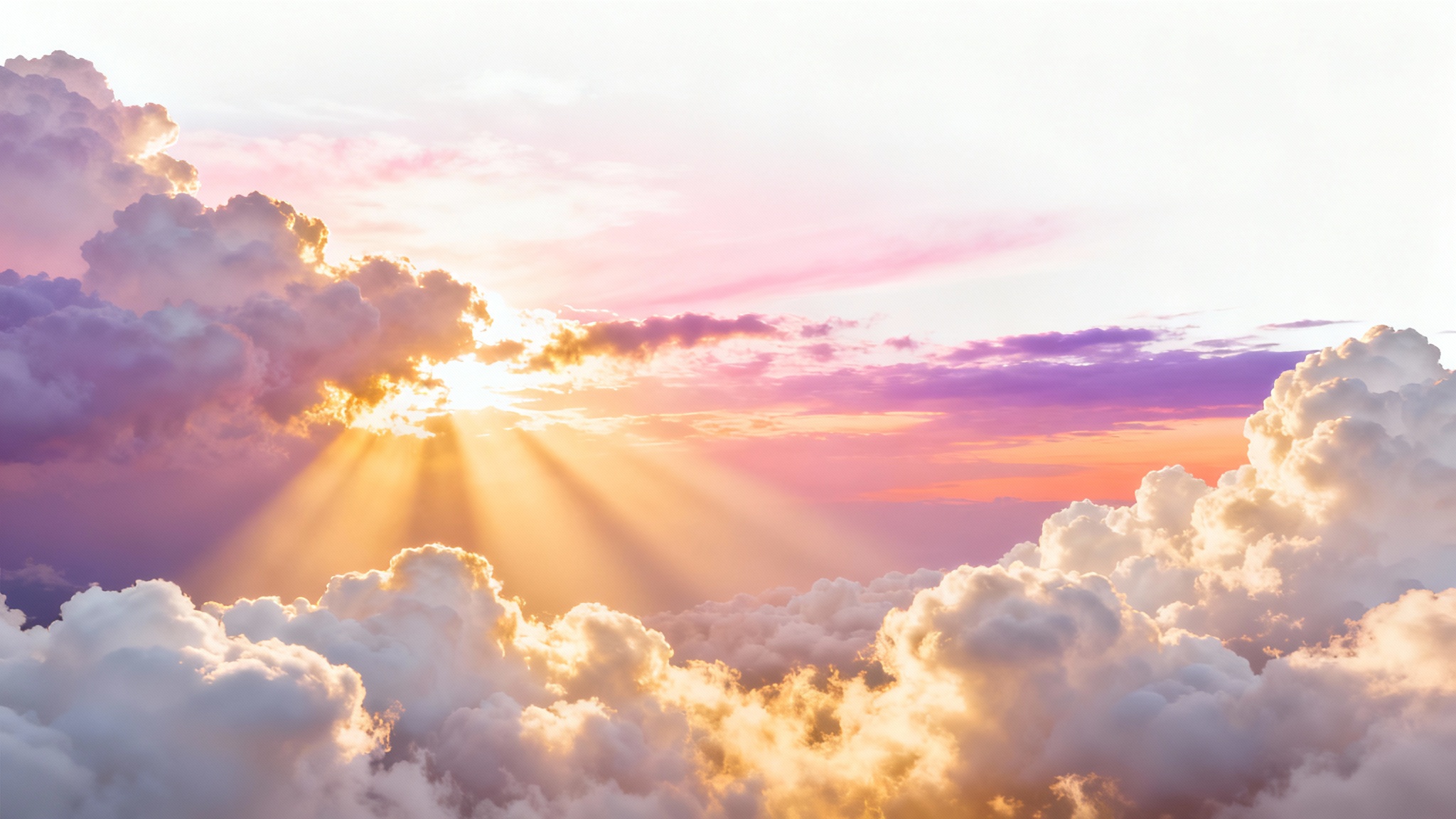 An ethereal praise and worship background showing golden sunbeams breaking through soft clouds in a beautiful pastel-colored sky, evoking a sense of peace.