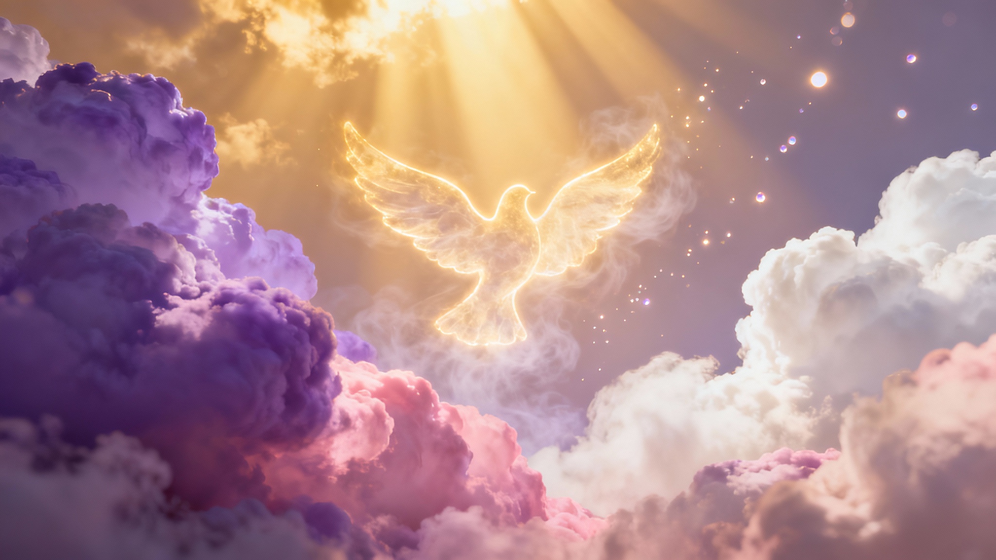 An abstract praise and worship background featuring golden rays of light shining through soft purple and pink clouds, with a glowing dove shape at the center.