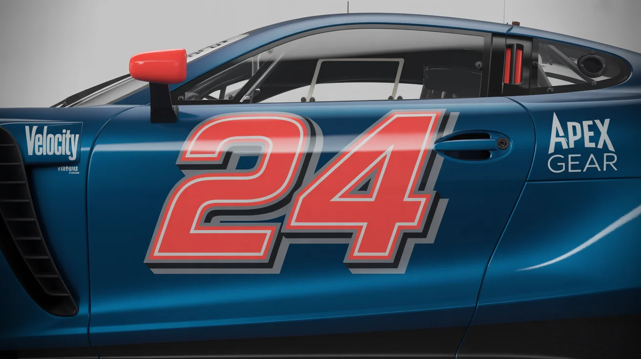 A close-up of a professionally designed racing number '24' in a bold white and red font on the side of a glossy blue race car, showcasing a dynamic typography style.