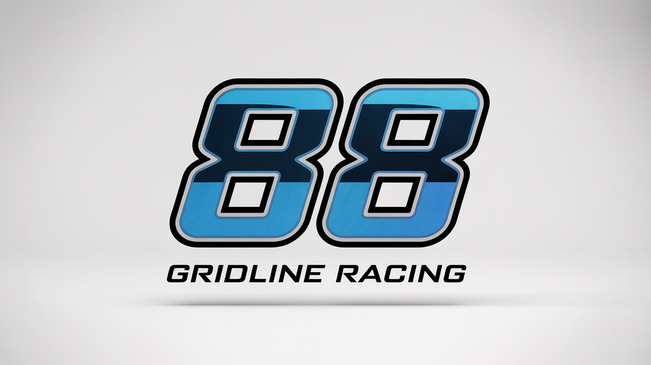 A bold 3D mockup of the racing number 88, designed in an electric blue and silver aerodynamic style, with the text 'Gridline Racing' below it, all on a plain white background.