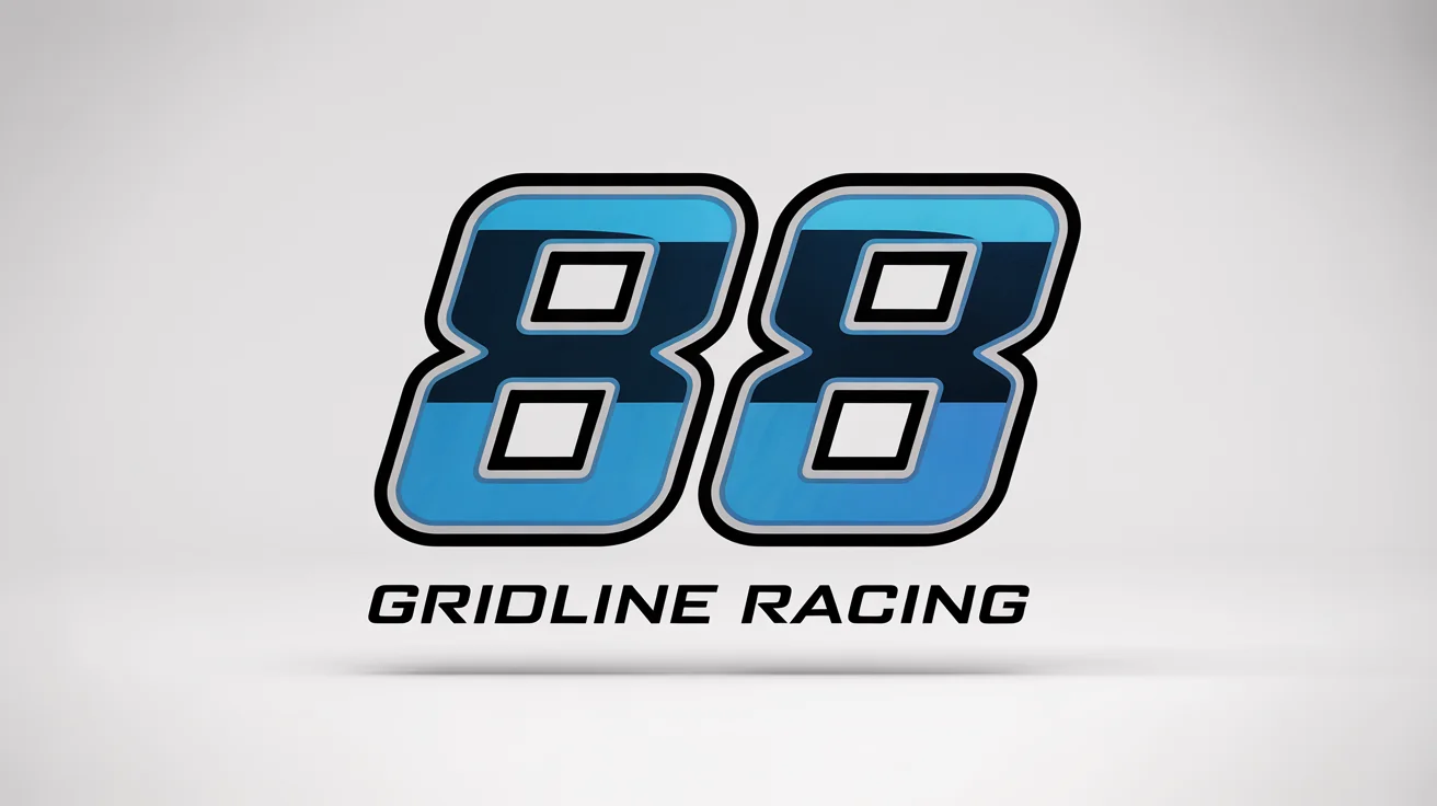 A bold 3D mockup of the racing number 88, designed in an electric blue and silver aerodynamic style, with the text 'Gridline Racing' below it, all on a plain white background.