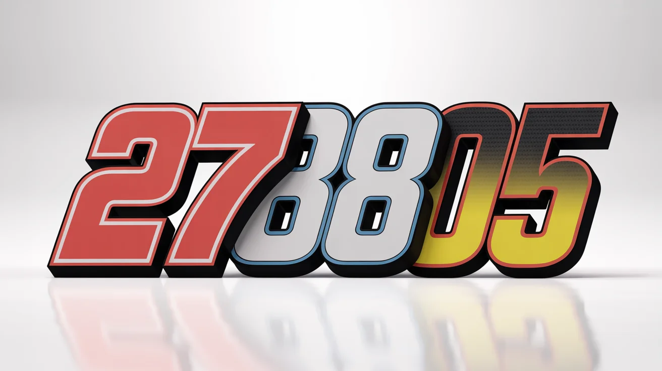 A mockup displaying three distinct examples of bold racing number typography, '27', '88', and '05', against a clean white background, showcasing different styles and colors.