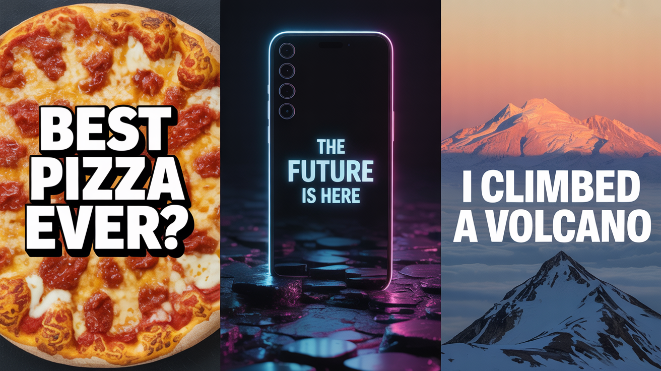 Three professionally designed YouTube thumbnails for different genres: a cooking show, a tech review, and a travel vlog, each with bold text and vibrant imagery.