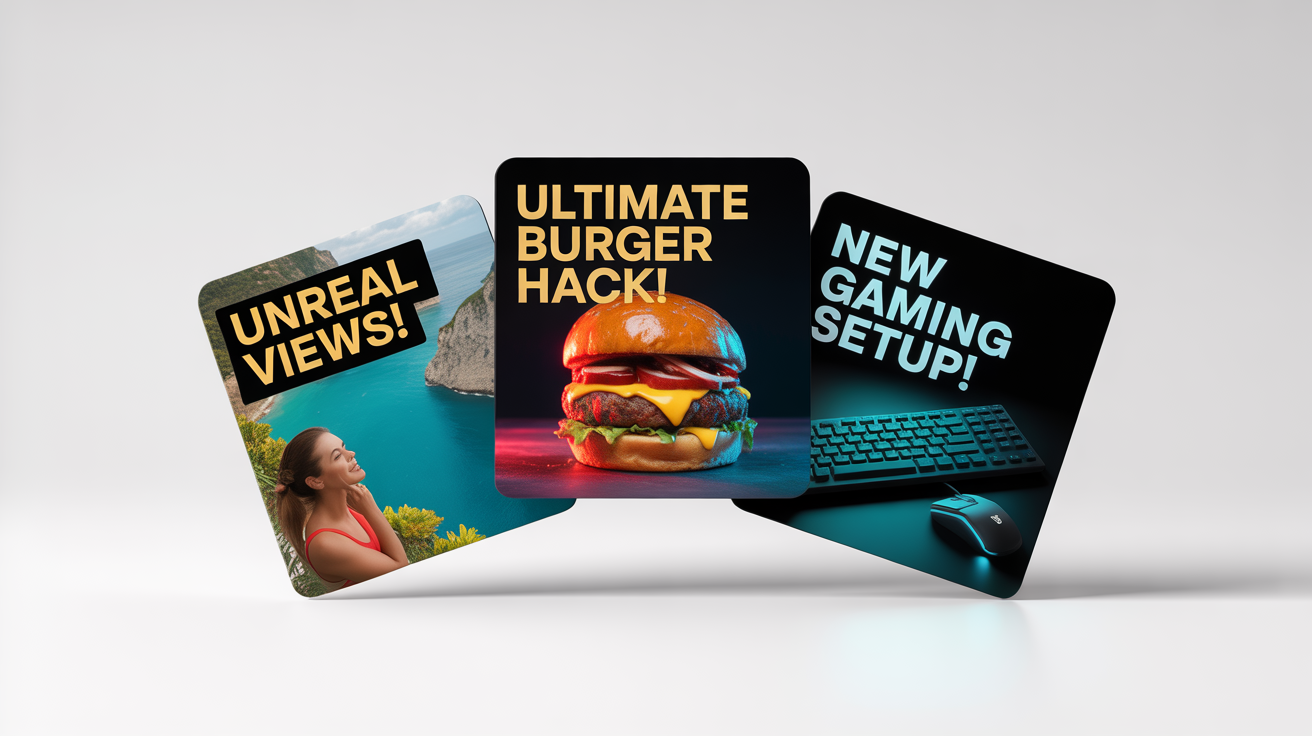 A mockup displaying three distinct and colorful YouTube thumbnails for travel, cooking, and gaming, arranged neatly on a clean white background to showcase design variety.