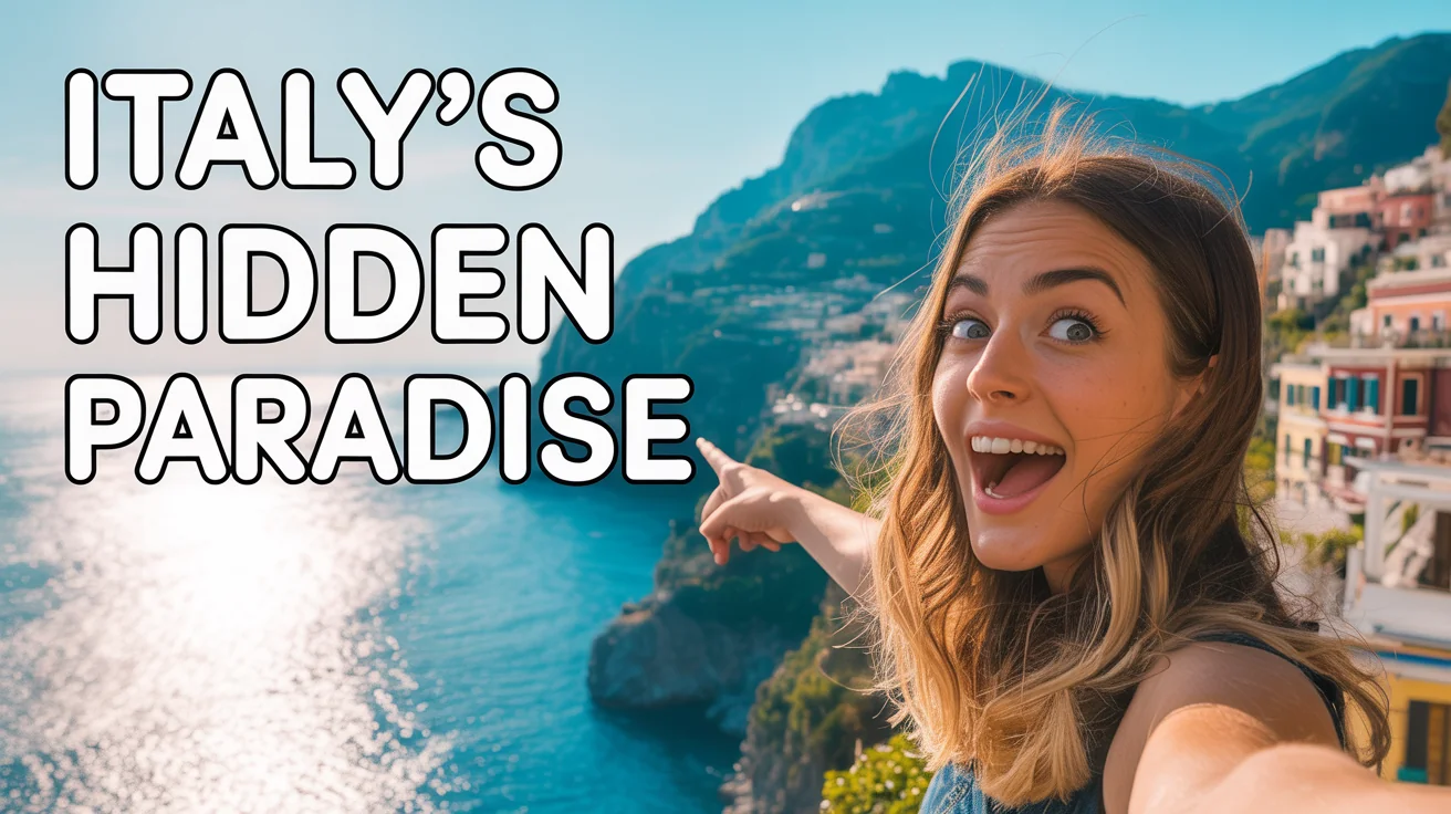 A mockup of a travel vlog YouTube thumbnail showing an excited woman in Italy, with the title 'ITALY'S HIDDEN PARADISE'.