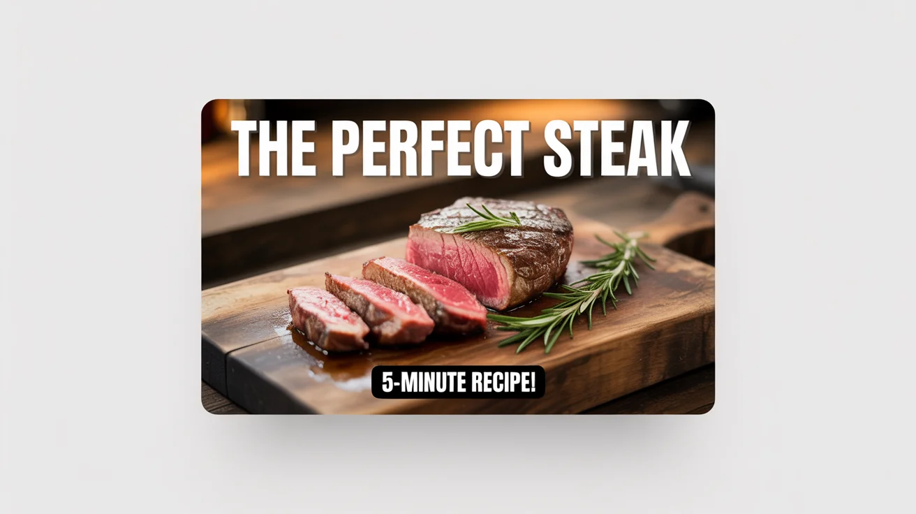 A mockup of a YouTube thumbnail for a cooking video, showing a perfectly cooked steak with the text 'THE PERFECT STEAK' and '5-MINUTE RECIPE!'.