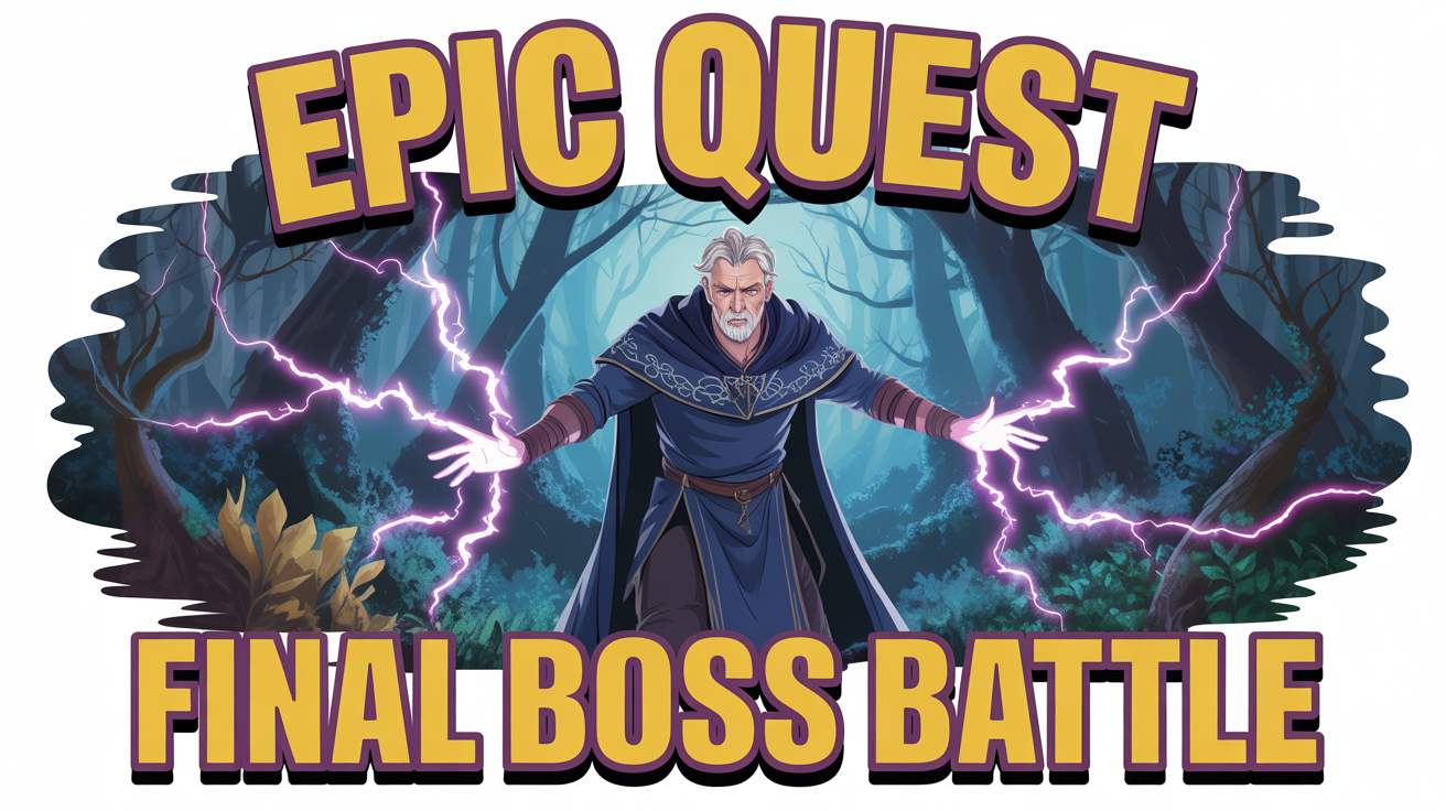 A mockup of an exciting YouTube thumbnail for a gaming video, shown against a white background. The thumbnail features a mage casting a spell and has the text 'EPIC QUEST' and 'FINAL BOSS BATTLE'.