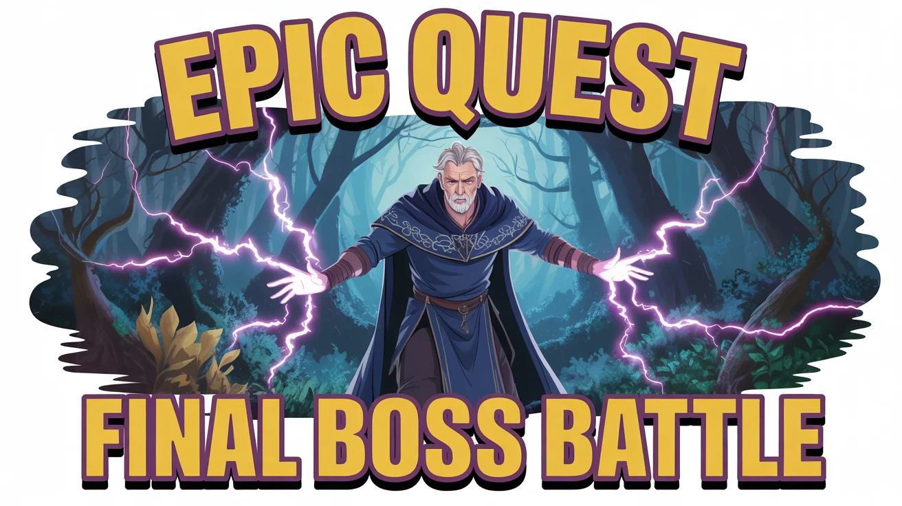 A mockup of an exciting YouTube thumbnail for a gaming video, shown against a white background. The thumbnail features a mage casting a spell and has the text 'EPIC QUEST' and 'FINAL BOSS BATTLE'.