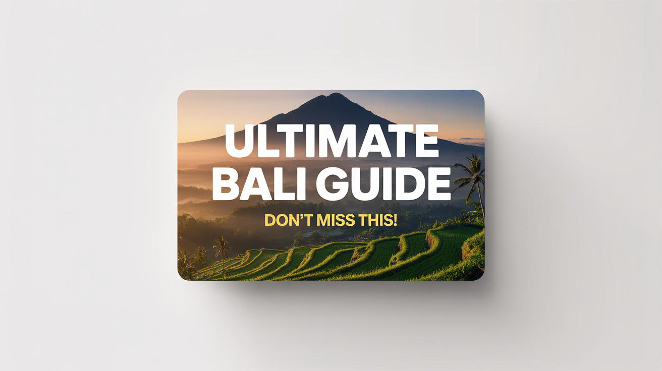 A mockup of a compelling YouTube thumbnail for a travel video about Bali, featuring a vibrant landscape and text that reads 'ULTIMATE BALI GUIDE'.