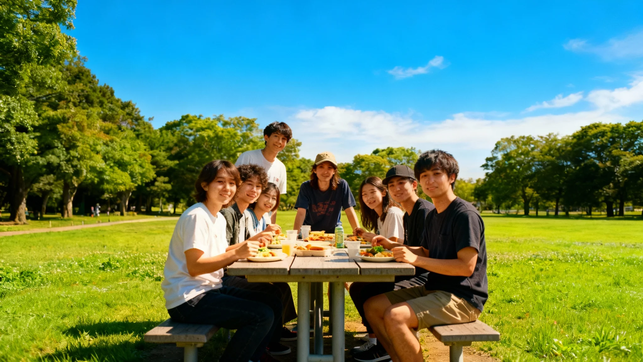 A perfectly exposed and color-corrected photo of a diverse group of friends enjoying a sunny picnic, demonstrating the 'after' result of a photo-fixing tool.