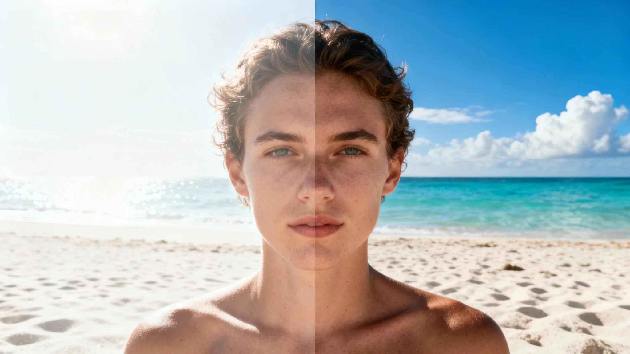 A split-screen image demonstrating photo correction. The left side shows an overexposed, washed-out beach photo, while the right side shows the same photo perfectly balanced with rich colors and clear detail.