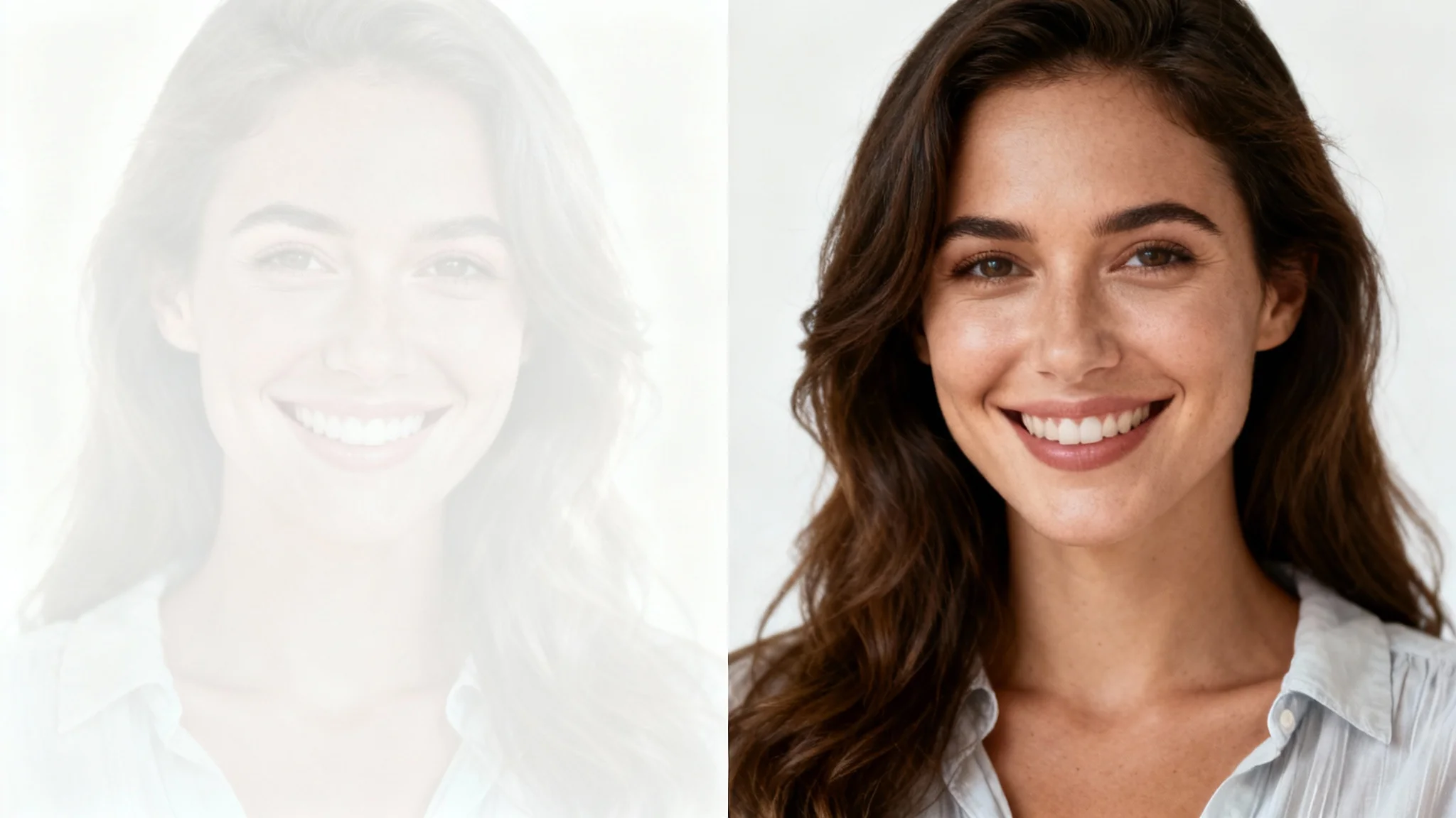 A split image showing a photo being fixed for overexposure. The left half is a bright, washed-out portrait of a woman, and the right half is the same portrait perfectly exposed with balanced colors and clear details.