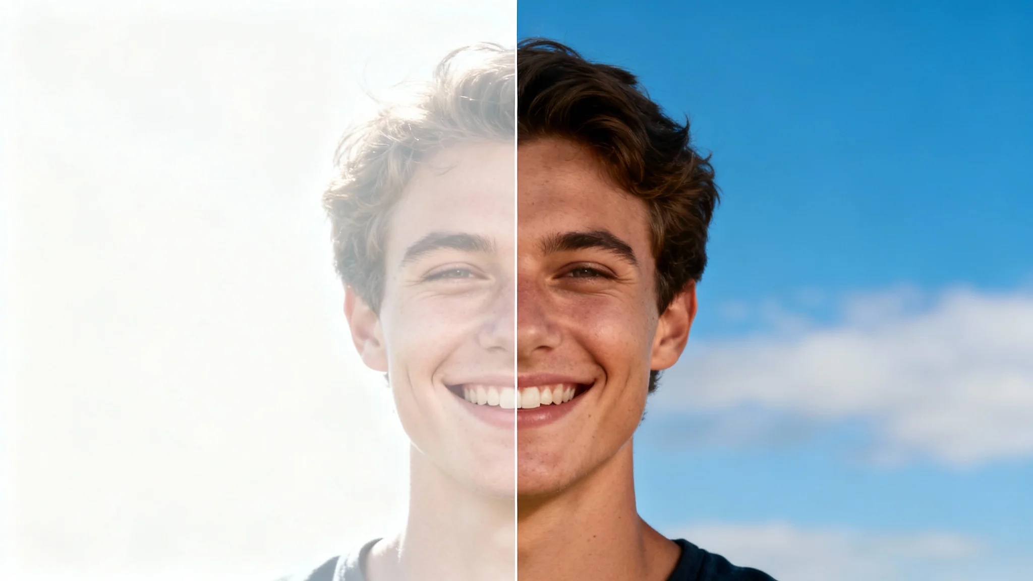 A before-and-after comparison image showing a photo being fixed. The left side is an overexposed, washed-out portrait, and the right side is the same portrait corrected to have balanced, vibrant colors and sharp details.